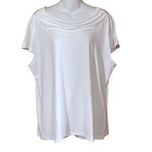 Women's Evan-Picone White Cap Sleeve Stretch Knit Pleated Neck Blouse Size XL